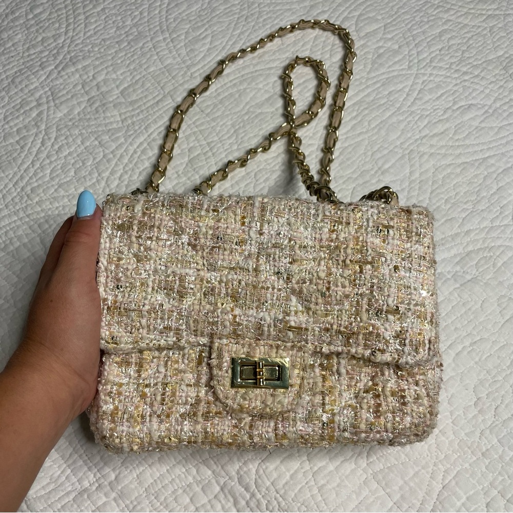 Cream and Pink Plaid Knit Crossbody Purse